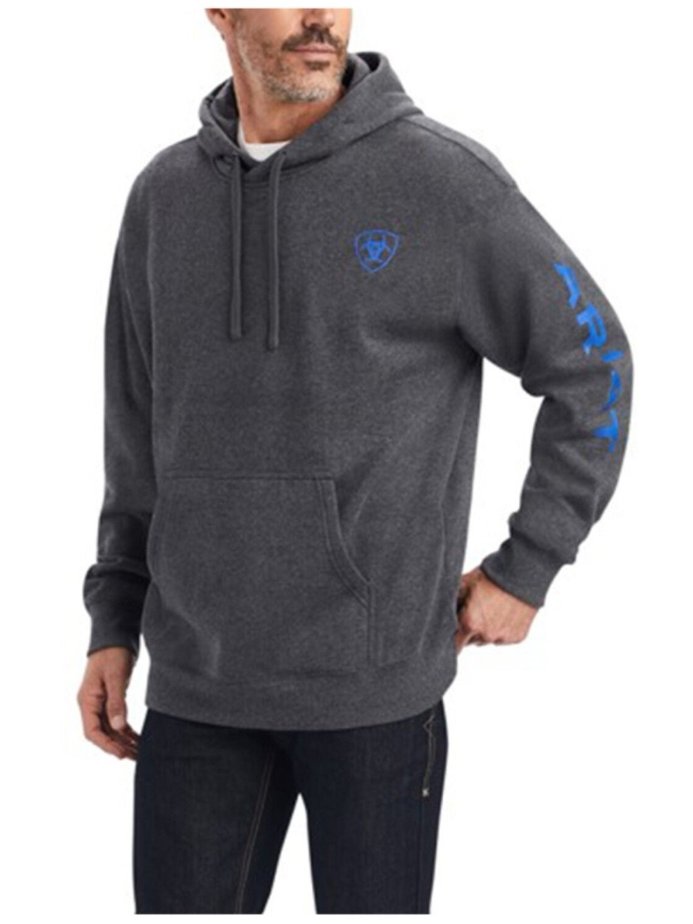 Ariat Men’s Graphic Sweatshirt Pullover Hoodie with Blue Logo and Sleeve Text